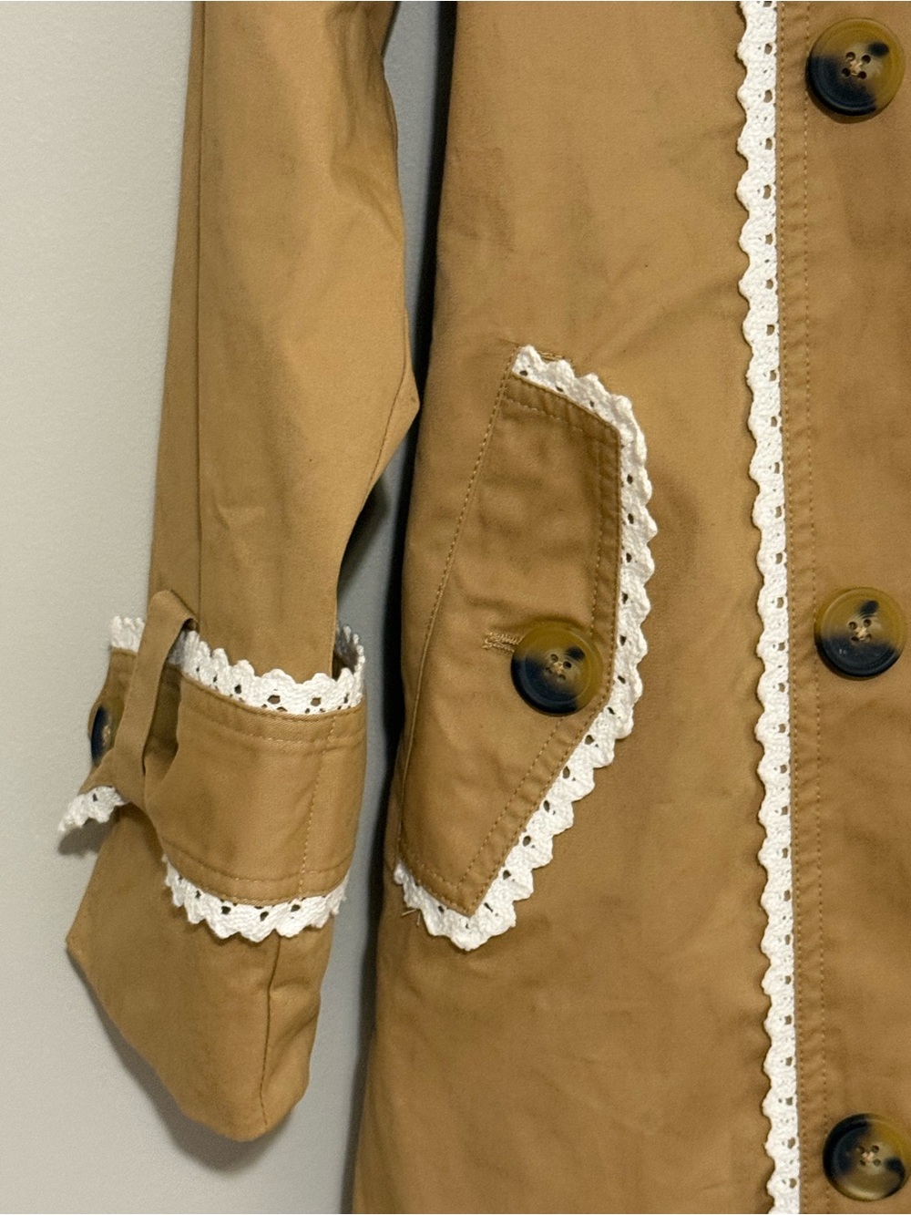 Camel Trench Coat White Ric Rac Trim Belted Double Breasted Statement Jacket - Picture 8 of 9